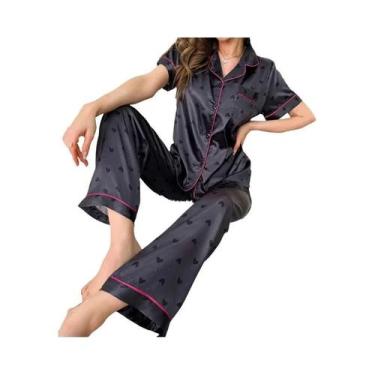 Imagem de Conjuntos De Pijamas De Seda Para Mulheres Com Camisa De Manga Curta E