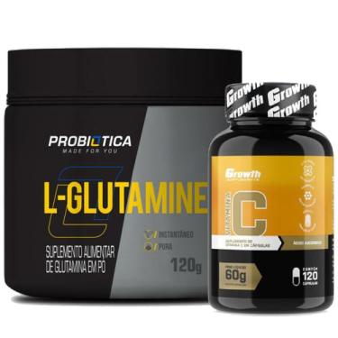 Imagem de Kit Glutamina Pura 120g Probiotica + Vitamina C 120 Caps Growth - Prob