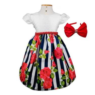 Imagem de Vestido de Festa Listra Preta E Flores Vermelhas Com Tiara - Fantasias