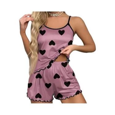 Imagem de Conjunto De Pijama Feminino Com Estampa De Coração Rosa, Camiseta De S