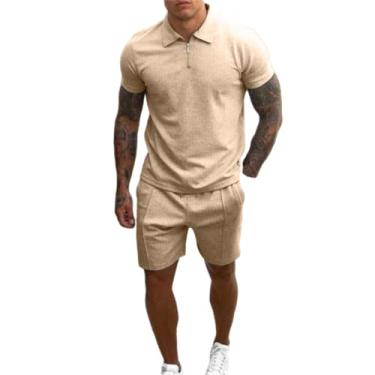 Imagem de Verão simples de algodão traje de algodão masculino short short short de mangas curtas,Khaki,XL