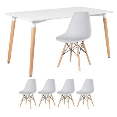 Imagem de Mesa Retangular 80 X 140 Cm Branco + 4 Cadeiras Cinza Claro