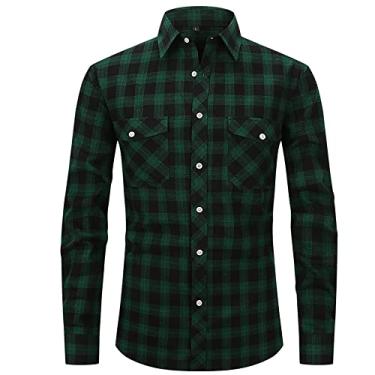Imagem de bestgift Camisa xadrez masculina de flanela de manga comprida com bolso duplo, Preto, XXG