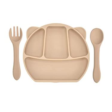 Imagem de burko Placas de sucção de silicone para bebês com alimentação automática Placa de sucção para bebês com colher e garfo de silicone BPA Free Design dividido para lava-louças e micro-ondas