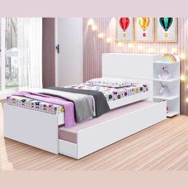 Imagem de Cama Infantil Solteiro Casal 3 Prateleiras Cabeceira Baú Bibox Organizador mdf Quarto Branco