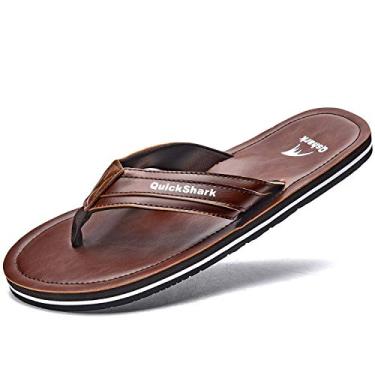 Imagem de Quickshark Chinelo masculino de couro, tanga de couro, suporte de arco, chinelos de praia, Marrom/branco, 42