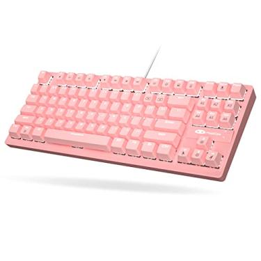 Imagem de Teclado mecânico rosa gamer gamer branco retroiluminado com fio TKL 87 teclas teclado para jogos com teclado de interruptor azul para computador notebook/PS4/Xbox/MAC/Windows (rosa)