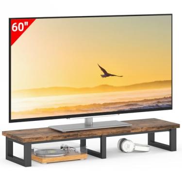 Imagem de YAOHUOO Elevador de TV grande de 119 cm para TV de 32 a 60 polegadas, prateleira de suporte de TV com pernas de aço, suporte de TV de mesa para home office, marrom rústico