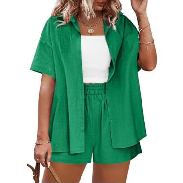 Imagem de IN'VOLAND Conjunto feminino plus size de 2 peças de roupa de treino de algodão e linho conjuntos de camisa de manga curta verão casual conjunto de shorts, Verde, 16 Plus