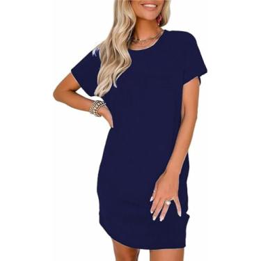 Imagem de Apvirdy Vestidos para mulheres 2024 casual manga curta gola redonda verão mini camiseta de malha canelada vestido curto com bolsos, P-2GG, Azul marinho, XXG