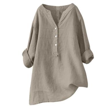 Imagem de Lainuyoah Tops modernos para mulheres 2024 verão plus size algodão linho camisa botão decote em V manga longa elegante roupas soltas confortáveis, D-bege, 4XG