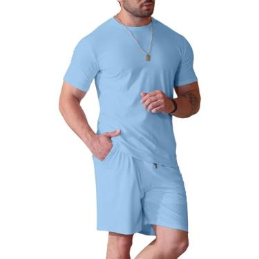 Imagem de Uni Clau Conjunto de 2 peças de short masculino de verão e camisa casual de manga curta, Azul-claro, GG