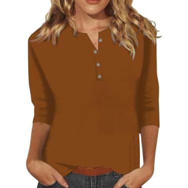 Imagem de Camiseta feminina de cor sólida Henley manga 3/4, casual, folgada, elegante, camisetas de treino, Marrom, XXG