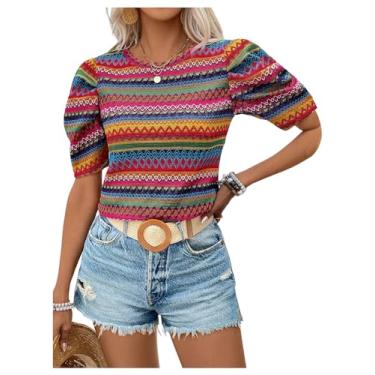 Imagem de SOLY HUX Camiseta feminina com estampa boho, manga curta, gola redonda, casual, verão, Chevron multicolorido, P