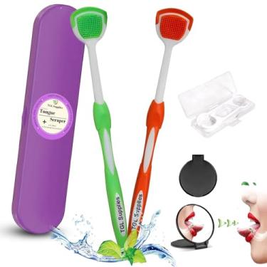 Imagem de TGL Supplies Raspador de língua para adultos (2 pacotes de raspador de língua com estojo + 6 pacotes de palhetas de fio dental + 1 lindo espelho) Raspador de língua de tratamento de mau hálito 100%
