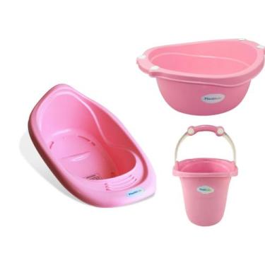Imagem de Kit Balde, Bacia E Banheira 22 L Gatinha Rosa - Plastibaby
