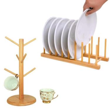 Imagem de Escorredor de Pratos e Porta Xícaras Bambu Decoração Cozinha - Majesti