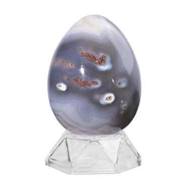 Imagem de Nupuyai Estátua de ovo de ágata de 6,5 a 8,3 cm com suporte de acrílico, estatueta de bola de pedra de cristal esculpida polida para decoração de escritório em casa
