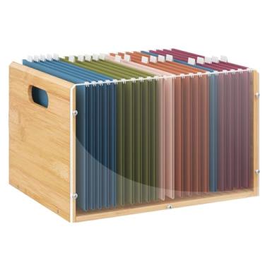 Imagem de Organizador de caixa de arquivo de acrílico de bambu/carta/legal, caixas de armazenamento de pasta de arquivos suspensa, caixa de documentos decorativa, caixa de arquivamento transparente com alça
