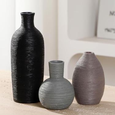 Imagem de Conjunto de 3 vasos de cerâmica para decoração de casa, vaso de flores decorativas de cerâmica rústica moderna para capim-pampa, flores frescas secas, sala de estar, mesa central, prateleira, cornija