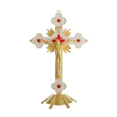 Imagem de KOMI Crucifixo de metal de 20 cm decoração católica destacável cruz de mesa crucifixo de Jesus crucifixo cruz para altar de orações cristãs