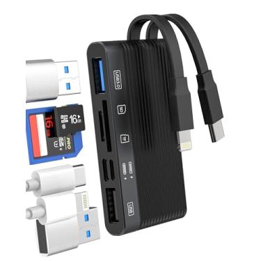 Imagem de Adaptador USB C Lightning para leitor de cartão SD (6 em 2) tipo C OTG 3.0 2.0 Dongle de carregamento para iPhone 16 15 14 Pro, câmera micro SD TF transferência de memória para iPad para Apple Flash