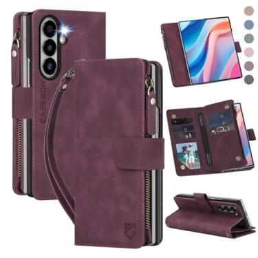 Imagem de CAESBON Capa carteira para Samsung Galaxy-Z-Fold-7: com compartimentos para cartão com bloqueio de RFID (6 cartões) e suporte oculto para caneta S | Capa protetora para celular de couro PU macio com