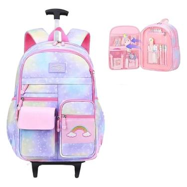 Imagem de Mochila de carrinho Rodinhas Infantil Imperme?vel e com Grande Capacidade, mochila escolar para crian?as de 6 a 13 Anos (arco ?ris Lil?s)