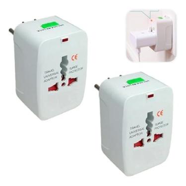 Imagem de Kit 2 Adaptadores Tomada Universal Viagem Internacional Compatível com Mais de 150 Países Bivolt Com LED Indicador Plug Retrátil Compacto Leve para Celular Notebook e Eletrônicos