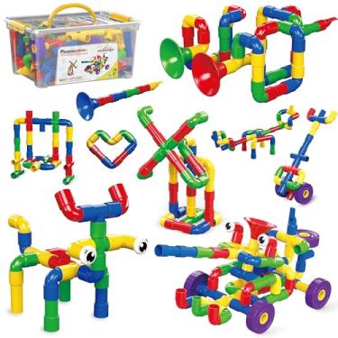 Imagem de PicassoTiles PTT136 136pcs Tubular Pipes & Spout STEAM Interlocking Educational Building Block Set, Tube Locks, Pipeworks Construction Blocks w/Storage Container Box, Idea Book, Flute Musical Kit