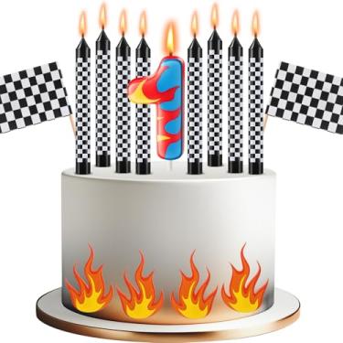 Imagem de Conelist 15 velas temáticas de carros de corrida, número de aniversário, caminhão, roda, vela preta e branca, bandeira quadriculada, topo de bolo, decoração de bolo de carro de corrida de bombeiros