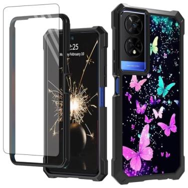 Imagem de SDFCVBTYU Capa para TCL 50 XE 5G com protetor de tela de vidro temperado, proteção total à prova de choque, resistente, capa de telefone durável para TCL 50 XE Nxtpaper 5G, borboleta azul roxa
