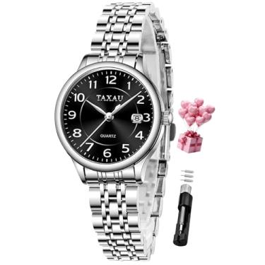 Imagem de Taxau Relógios femininos elegantes à prova d'água com data, numerais arábicos, dois tons, aço inoxidável, analógico, quartzo, pequeno, relógio de pulso Reloj Mujer, Pulseira de prata, face preta