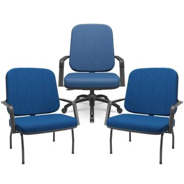 Imagem de Kit Cadeira De Escritório Giratória E 2 Cadeiras Fixas Preta Magno P03 Crepe Azul - Lyam Decor