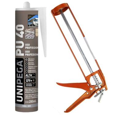 Imagem de Kit Selante PU40 Unipega Cinza 400g Vedação + Aplicador de Silicone Construção Profissional Veda Cola