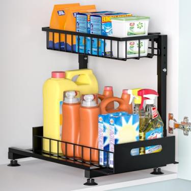 Imagem de Organizador Pro embaixo da pia: Organizador de cesta de arame removível de 2 camadas de metal premium, altura ajustável em forma de L, fácil instalação | Organizadores de armários de cozinha e