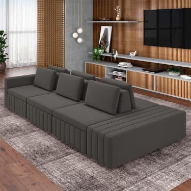 Imagem de Sofá Ilha com Encosto e Almofadas Móveis Olimpo 395cm Modulado Veludo Grafite G45 - Gran Belo