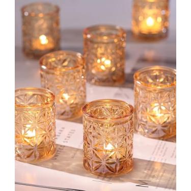 Imagem de Conjunto de 12 castiçais votivos dourados, luzes de chá, castiçais de vidro para mesa de casamento, suporte de vela dourado para festa de Natal, centros de mesa de diwali, artigos de festa em casa