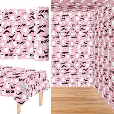 Imagem de JarThenaAMCS Toalha de mesa de plástico para Dia das Bruxas 132 cm x 3 m rolo rosa boo fantasma toalha de mesa descartável retangular para decoração de festa