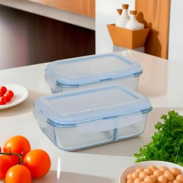 Imagem de Conjunto 2 Potes de Vidro Herméticos 1040ml, Com Divisória, Vidro Borossilicato, Com Tampa, Compatível com Micro-ondas, Freezer e Lava-Louças