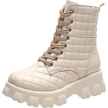 Imagem de Botas de combate femininas femininas com zíper nas costas bico redondo botas de cano curto moda com cadarço botas de salto baixo botas de vaqueira, Branco, 6.5