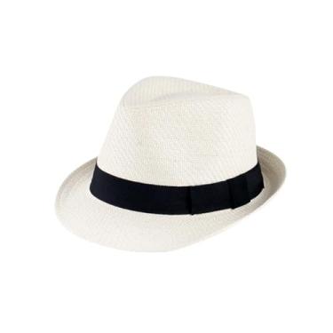 Imagem de Chapéu de palha masculino chapéu de coco britânico chapéu de palha artesanal de verão chapéu de cavalheiro chapéu fedora feminino branco preto M (56-58 cm)