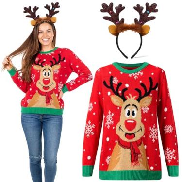 Imagem de Shyyween Conjunto de 2 peças de suéter de rena de Natal com chifres de lantejoulas para mulheres e homens, festa de Natal (GG)