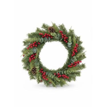 Imagem de Guirlanda Natalina Artificial Premium, 50cm, Verde com Bagas Vermelhas, Pinhas e Eucalipto, Decoração para Porta e Parede