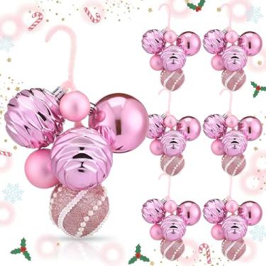 Imagem de Soulchen Conjunto de 6 conjuntos de bolas de árvore de Natal rosa de 3 cm a 6 cm, enfeites rosa de chiclete, faça você mesmo, guirlanda de Natal, cachos de bolas brilhantes, enfeites de árvore de