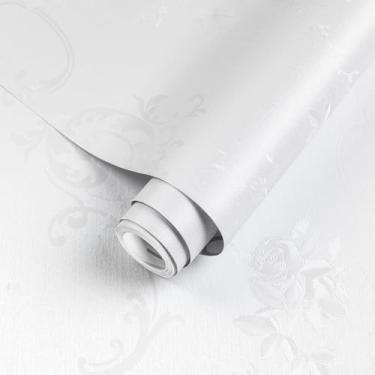 Imagem de Abyssaly Papel de parede branco de contato amigável para locatários 39,9 cm x 500,4 cm vintage em relevo floral descascar e colar papel de parede autoadesivo para banheiro quarto bancadas armários