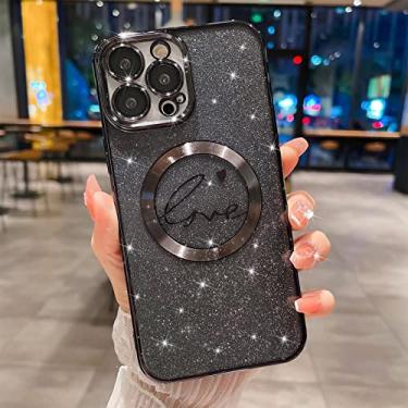 Imagem de MGQILING Capa magnética galvanizada com glitter para iPhone 13 de 6,1 polegadas [carregamento sem fio] capa brilhante à prova de choque com antiamarelamento, estampa de coração de letra de amor para