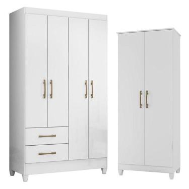 Imagem de Guarda Roupa Solteiro Chile E Armário Multiuso Jade Branco Brilho - Moval