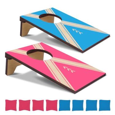 Imagem de 2 peças de mini tabuleiros de mesa rosa azul, 12 cm L x 19,6 cm C, jogo de mesa de madeira com 8 sacos de feijão, conjunto de jogos portátil para viagens e escritório