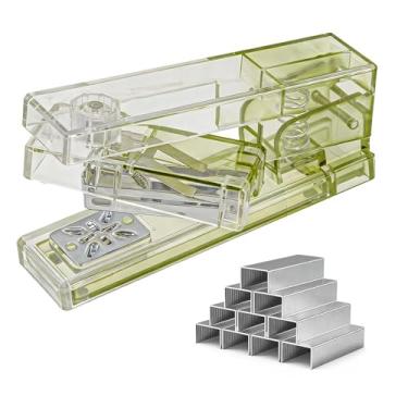 Imagem de Grampeador compacto de mesa de escritório giratório de 360° com 400 grampos padrão de 2,5 cm, grampeador transparente de braço oscilante pequeno para capacidade de 25 folhas, livreto, documento